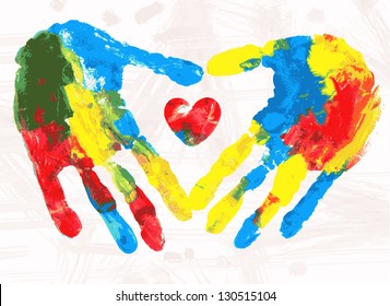 Heart in hands print, vector colorful grunge illustration