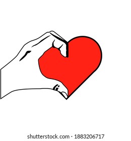
Heart with hands and a red heart. Half a heart. Black and white hand silhouette.