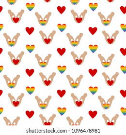 Heart in hands seamless pattern on the white background. Vector illustration