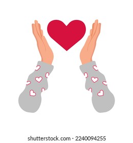 Heart in hands. Shape of heart in human hand. Valentine's day. Isolated on white background.  Flat  Design.