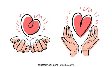 Heart In Hands Symbol. Charity, Philanthropy Emblem. Hand Drawn Vector Illustration