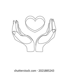 Heart hands symbol. Cupped care hands outline. Black thin line hands. Logo with hands.