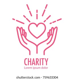 Heart In Hands Symbol Line Icon. Logo Template For Charity And Donation, Voluntary And Non Profit Organization. Vector Illustration Isolated On White