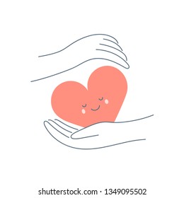 Heart in hands symbol, volunteering, charity, help, hope, health protection, aid, care presentation. Flat outline vector on white.