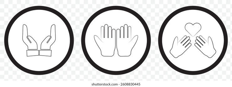 Heart in hands symbols. Heart in hand vector icons set. Hands holding heart icon. EPS 10.