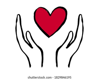 Heart In Hands Thin Line Red Icon On White Background, Happy Valentine Day. Nonprofit Organization Icon. Icon Of Kindness And Charity, Hands And Heart. Doodle Grunge Drawing. Hand-drawn Illustration.