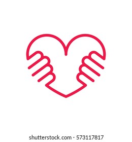 Heart In Hands Thin Line Red Icon On White Background, Happy Valentine Day