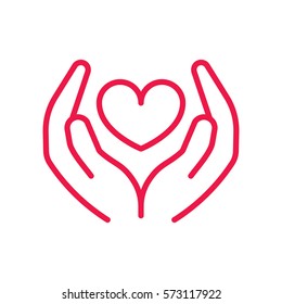 heart in hands thin line red icon on white background, happy valentine day