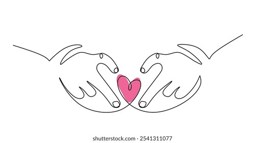 Heart in Hands Together. Continuous One Line Drawing Illustrating Love and Relationship in a Minimalist Design.