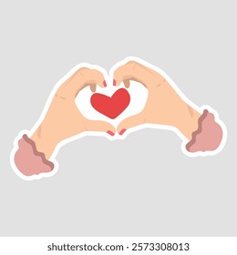 Heart Hands Valentine Sticker. Adorable vector illustration of hands forming a heart shape with a red heart in the center, perfect for Valentine's Day greetings and love-themed designs