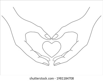 Herz in Händen, Vektorgrafik bearbeitbare Umrisse - lineares Bild. Umriss. Herz in den Händen ist ein Symbol für Wohltätigkeit, Vertrauen, Medizin. Fürsorge und Liebe. Valentinstag.