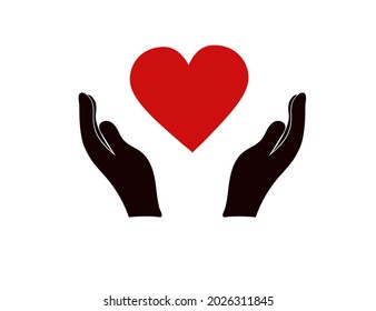 Heart in the hands vector icon. Helping hands logo