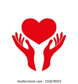 Heart in the hands vector icon. Heart protection sign flat style.