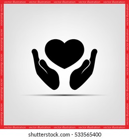 Heart in the hands vector icon. Heart protection sign flat style.