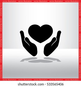 Heart in the hands vector icon. Heart protection sign flat style.