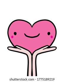 Heart in hands vector illustration in cartoon doodle comic kawaii style smiling love symbol pink