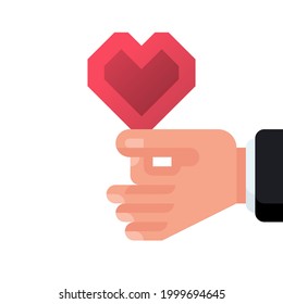 Heart in hands. Vector illustration cartoon design. Crypto style. Isolated on white background. Concept of Healthcare. Symbol of fidelity devotion. 