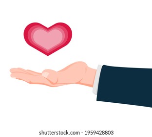 Heart in hands. Vector illustration flat design. Isolated on white background. Concept of Healthcare. Symbol of fidelity devotion.