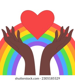 Corazón en las manos. Ilustración vectorial en un estilo plano con arco iris. 