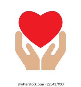 Heart in hands. Vector illustration of hands holding red heart isolated on white background. 