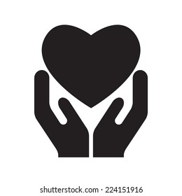 Heart in hands. Vector illustration of hands holding heart. Black on white background. 