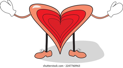 Heart with hands vector illustration . Heart hugs everyone, a symbol of kindness and love. Old retro vintage cartoon style for valentines day cards and celebrations. Red hearts romance, many hearts