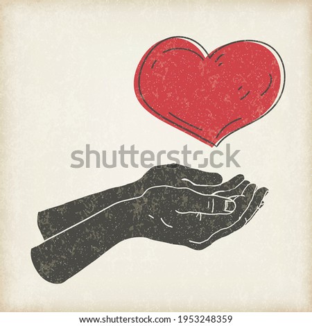 Heart in hands, vector illustration. Heart symbol in two abstract hands. Concept poster on aged paper background.