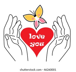 Heart in hands with written text "Love you" on it and butterfly flying above - isolated on white background