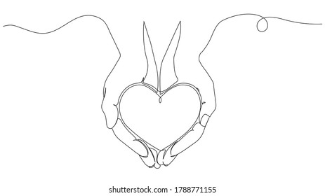 Heart in Hands.Continuous line drawing.Love heart one line drawing.Vector illustration