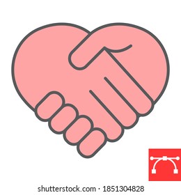 Heart handshake color line icon, love and help, handshake sign vector graphics, editable stroke filled outline icon, eps 10