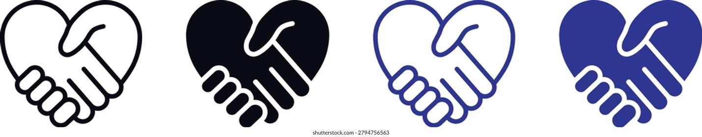 Heart handshake icon set featuring friendship, partnership, support, unity, agreement, teamwork, cooperation and community symbols in outline and glyph styles isolated on background.