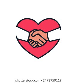 Heart handshake icon. Shaking hands with love. Business deal linear symbol. Vector illustration flat design. Isolated on white background.