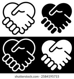 Heart Handshake Icons. Handshake icon in fill and strock shape. A Symbol of Trust, Unity, and Partnership. Vector illustration isolated on black and white background.