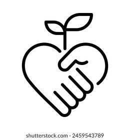 Heart handshake with plant growth icon. Outline style. Isolate on white background.