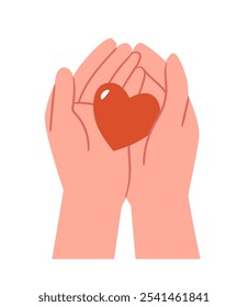 Heart in hands.Vector illustration concept for sharing love, helping others, charity supported by global community
