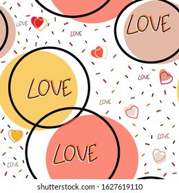 heart and handwritten word Love with elements. Seamless pattern for happy valentine's day symbols. Concept for decorate, invitation card, background or greeting card.