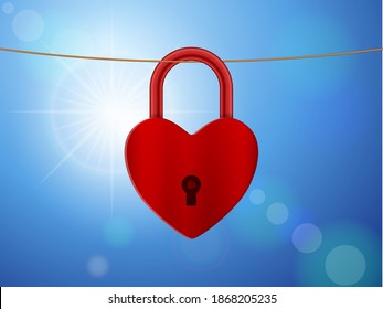 Heart hanging on clothesline at sky.
