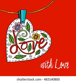  Heart hanging on string. Sketchy style.  Love Card.