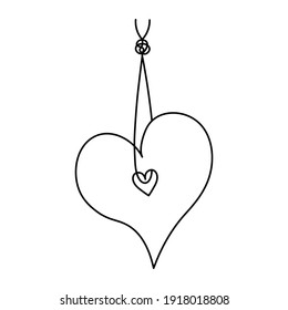 The heart hangs on a thread with a knot. Sketch. Romantic tag. Vector illustration. Coloring book for children. Valentines Day. Hanging decoration. The symbol of love is suspended from a string. 