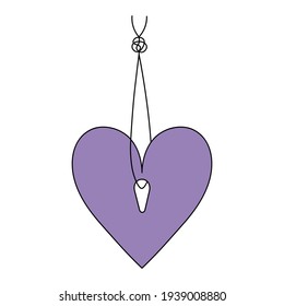 The heart hangs on a thread with a knot. Romantic tag. Colored vector illustration. Valentines Day. Hanging decoration. The symbol of love is suspended from a string. Decorative pendant. Cartoon style
