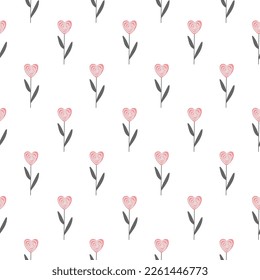 Heart haped doodle flowers seamless pattern in Scandinavian style. Lollipop Valentine plants. Cartoon vector illustration. Valentines Day holiday design.