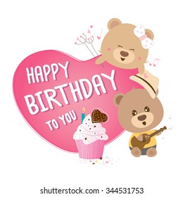 Heart with happy birthday to you and couple teddy bear