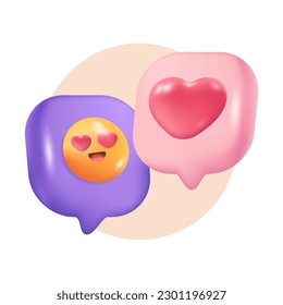 Heart and happy face icons 3d vector illustration. Speech or message bubbles with love emoticons in pink circle in cartoon style isolated on white background. Valentine day, love, relationship concept