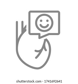 Heart with happy face in speech bubble line icon. Healthy internal organ symbol
