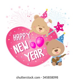 Heart with happy new year and teddy bear couple singing a song