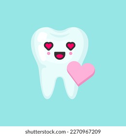 Heart happy tooth with emotional face, cute colorful vector icon illustration