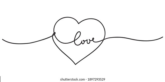 Heart. Happy Valentines Day. Abstract love symbol with handwritten text. Continuous line art drawing vector illustration