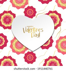 Heart with Happy Valentine's Day lettering on floral pattern with gradient pink and gold flowers. Elegant vector design for Valentine's day greeting card, holiday web banner.