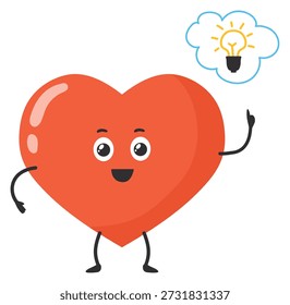 Heart has smart idea. Creative character. Positive mascot