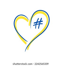 heart and hashtag icon yellow and blue. The color of the flag of Ukraine. Ukrainian hashtag logo. information network. promotion, interesting message, icon, internet. One line style.